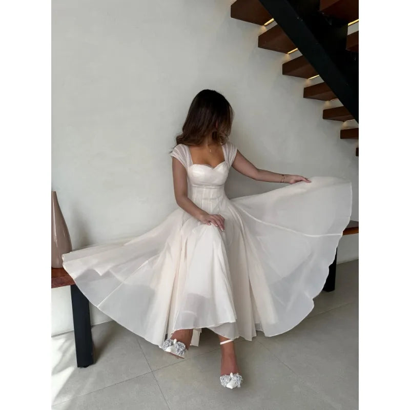 Women's Elegant Tulle Formal Dress Summer Sexy Square Neck Corset Waist A-Line Tea-Length Gown for Wedding Cocktail Party 5