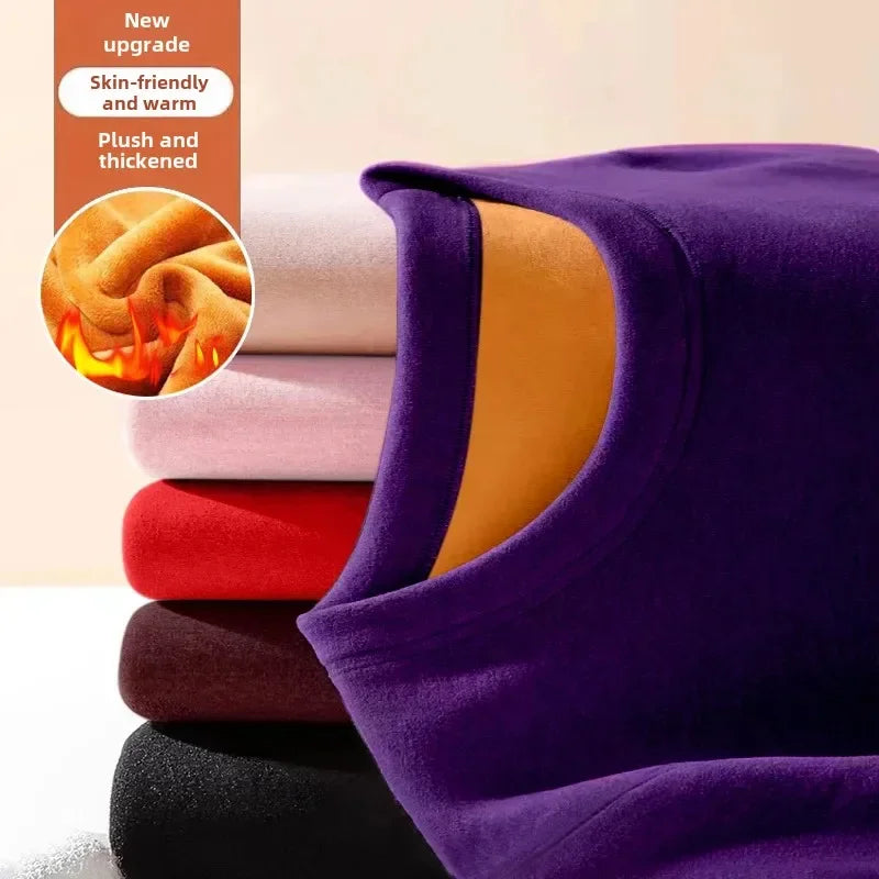 Thermal Underwear Women's Autumn/Winter Round Neck Fleece-Lined T-Shirt Base Layer Top Thickened Inner Solid Warm Bra