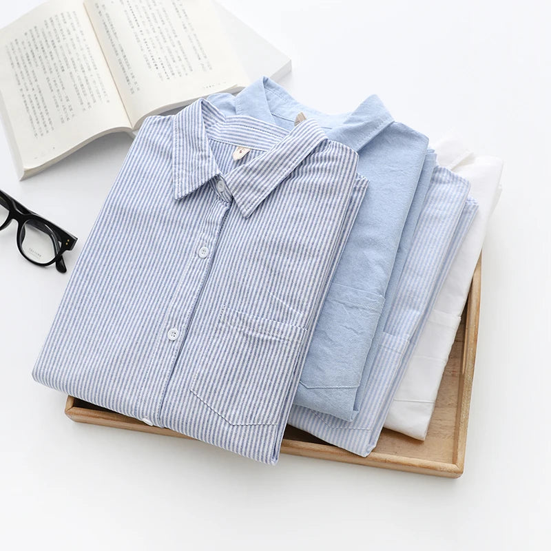Casual Cotton Women's Oxford Shirt 2026 Autumn New Good Quality Woman Blouse and Tops Lady White Blue Striped Shirts Clothes