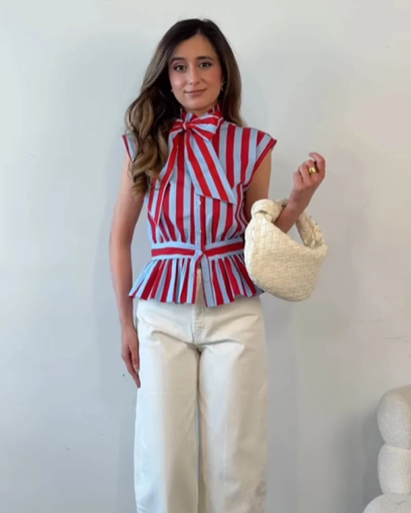 Women's Shirt 2026 New Spring Summer Bowknot Sleeveless Striped Shirt for Women Casual Chic Personality Female Shirt