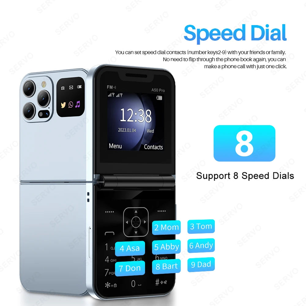 SERVO A50 PRO Flip Mobile Phone Dual SIM Standby Speed Dial Call Recording MP4 Player FM Radio 2G GSM Foldable Button Cellphones