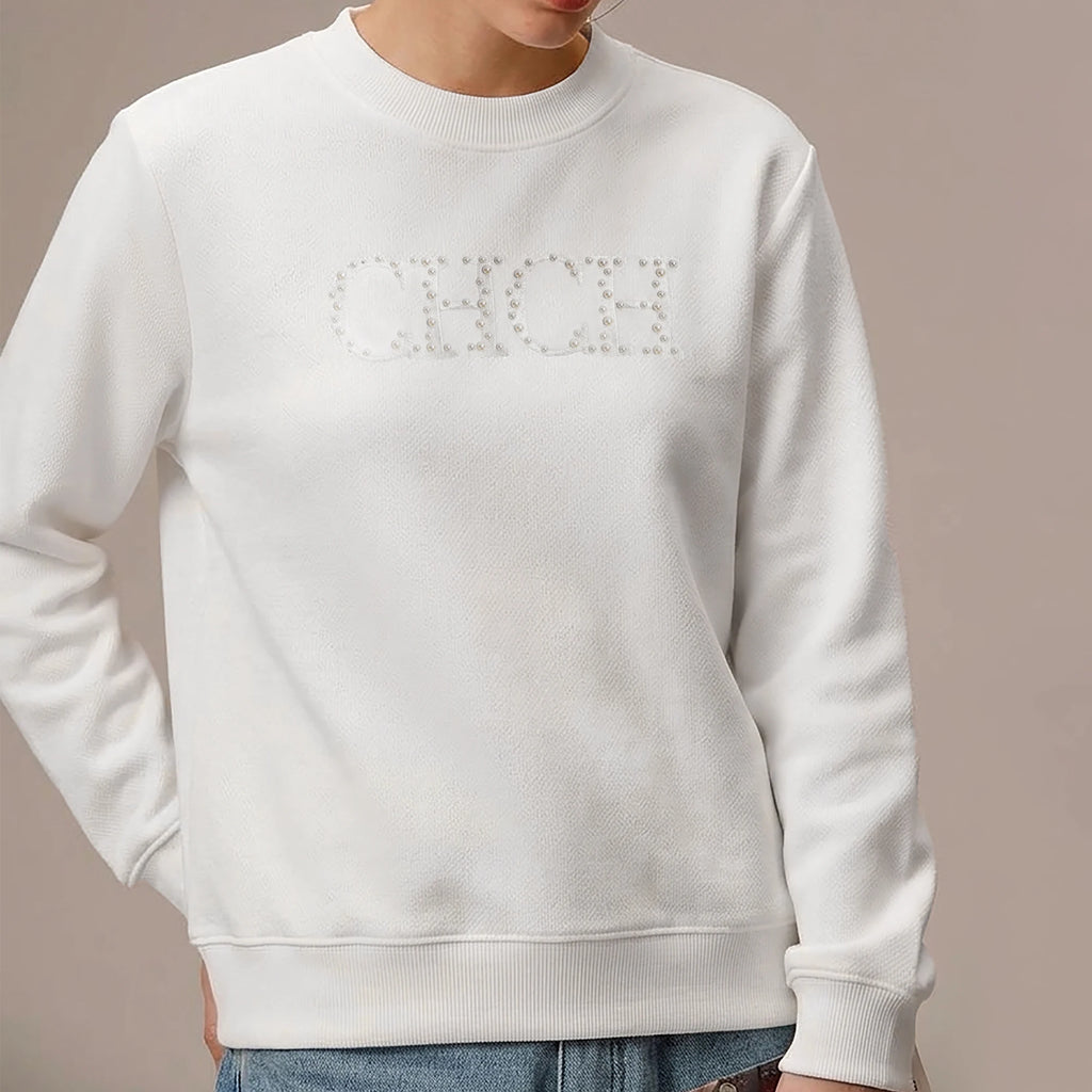 CHCH Women's Hoodie 2026 New Simple Pearl Embroidered Top Women's Beige Loose Long Sleeve Hoodie
