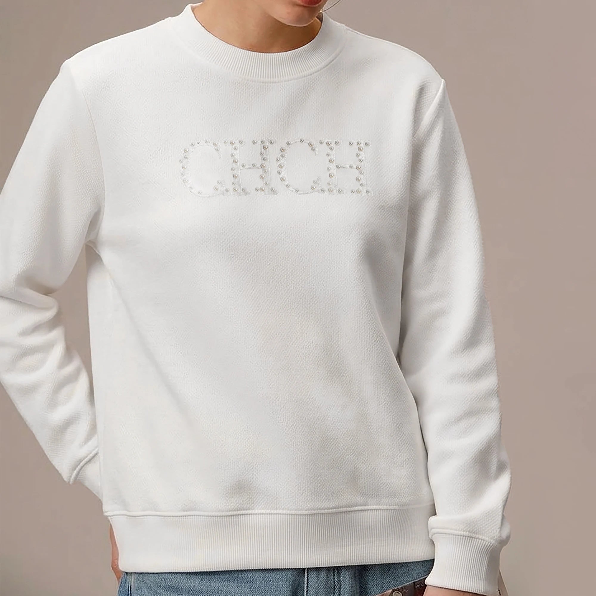 CHCH Women's Hoodie 2026 New Simple Pearl Embroidered Top Women's Beige Loose Long Sleeve Hoodie