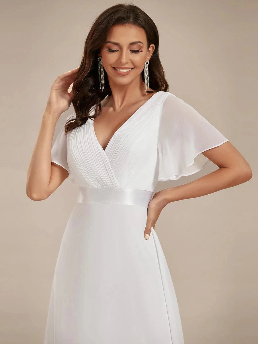Women Simple Evening Dress Tulle Ruffles Short Sleeve V-Neck Backless Empire Sashes Prom Dress A-Line Maxi Wedding Bridal Gowns