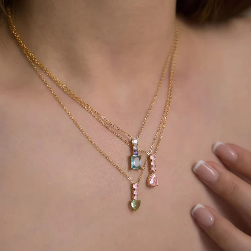 Fashion Exquisite Colorful Heart Zircon Geometric Pendant Necklace For Women 18K Gold Plated Stainless Steel Necklace Jewelry
