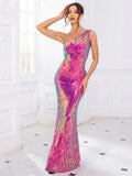 Romagic One Shoulder Flower Sequined Cocktail Party Dress Sleeveless Stretchy Evening Gown Wedding Floor Length Women Dresses