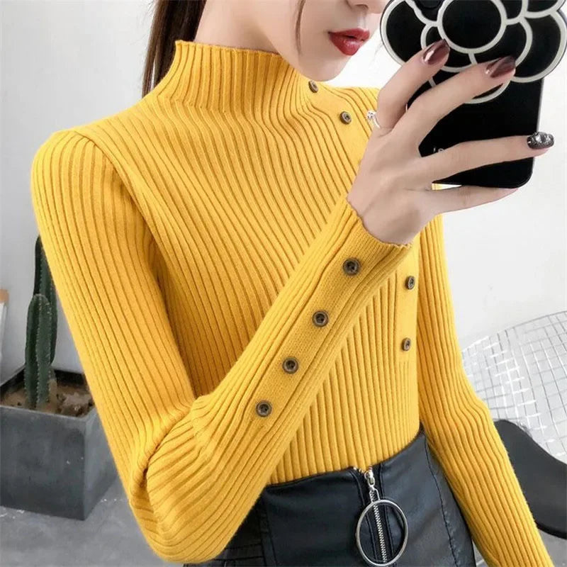 2026 Autumn Knitted Turtleneck Sweaters Women Solid Knitted Female Cotton Soft Elastic Color Slim Pullovers Button Full Sleeve