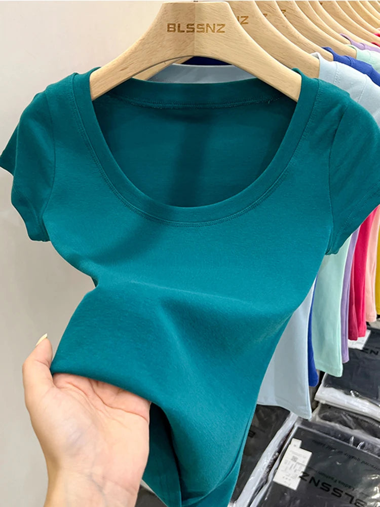 2026 Sexy Square Collar Slim T Shirt Women Cotton Elastic Basic Solid Female Casual Tops Short Sleeve Thin T-shirts See Through