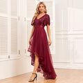 Women Elegant V-neck Ruffle Short Sleeve Evening Dress A-Line Fluffy Gauze Irregular Party Dress Formal Dress Vestidos De Gala