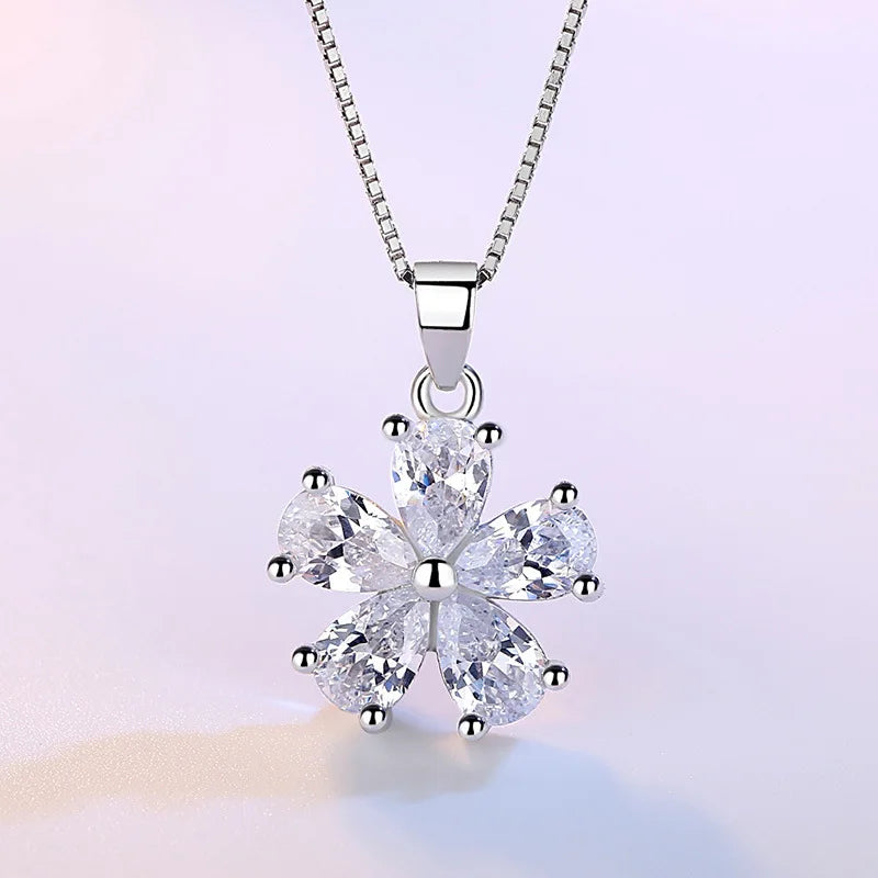 925 Sterling Silver Flower Pendant Necklace for Women Sparkling Clear Cubic Zirconia Cherry Blossom Necklace Jewelry Gift