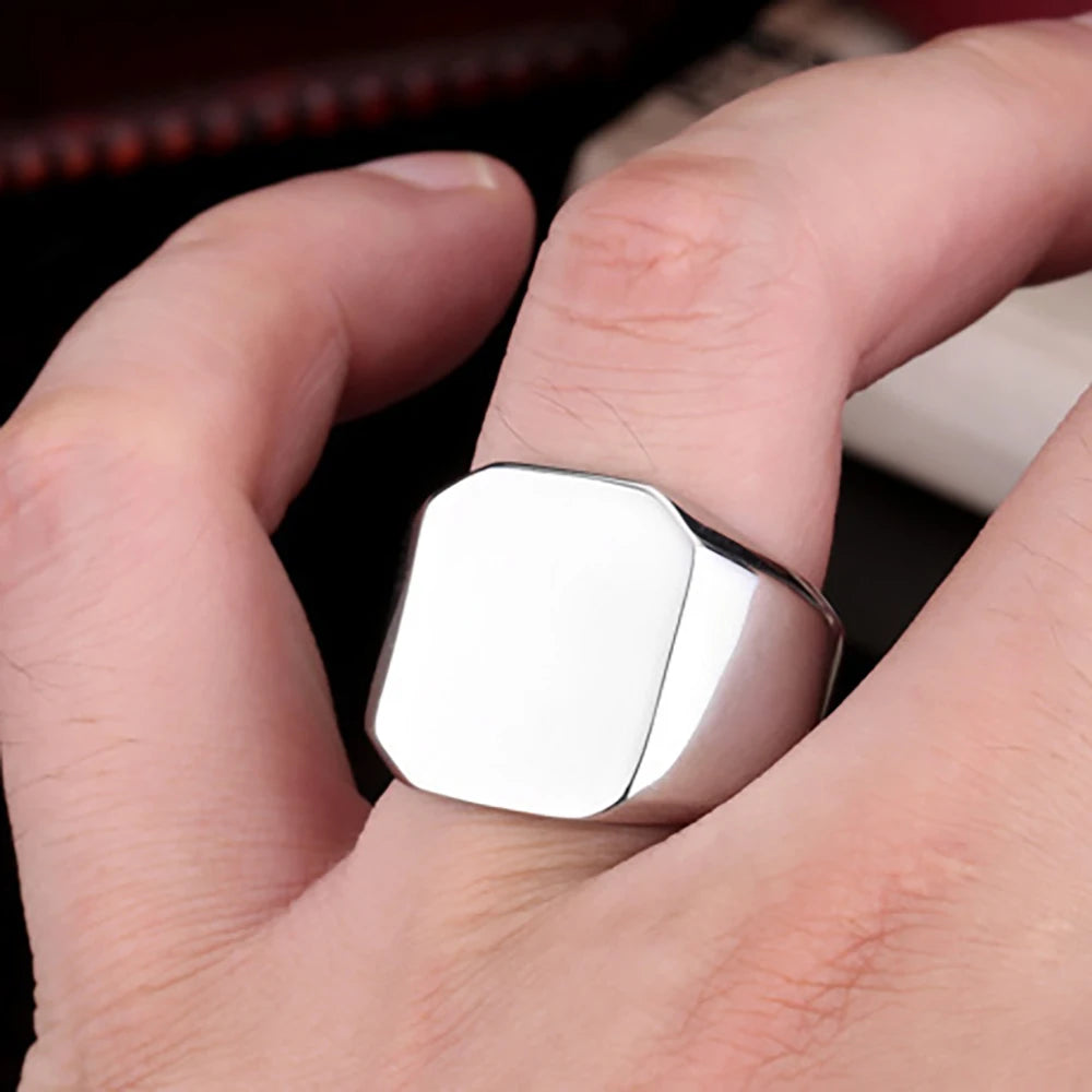 Free Engrave New Silver/Gold/Black/Blue Square Big Width Signet Rings For Men Ring Titanium Steel Jewelry