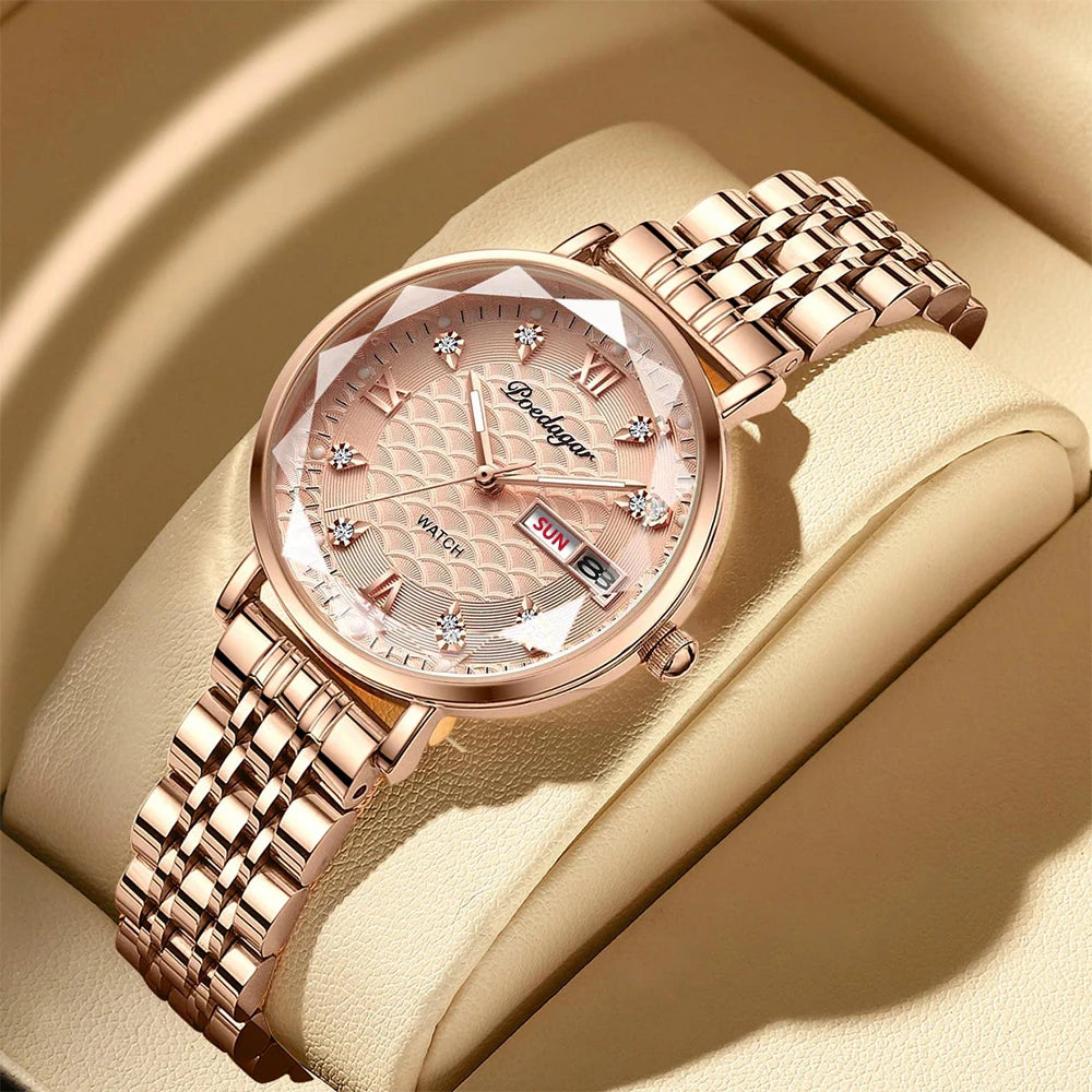 POEDAGAR New Fashion Women Watch Week Date Stainless Steel Wristwatch Waterproof Luminous High Quality Luxury Ladies Watches+Box