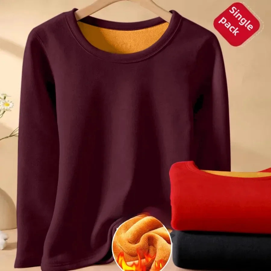 Thermal Underwear Women's Autumn/Winter Round Neck Fleece-Lined T-Shirt Base Layer Top Thickened Inner Solid Warm Bra