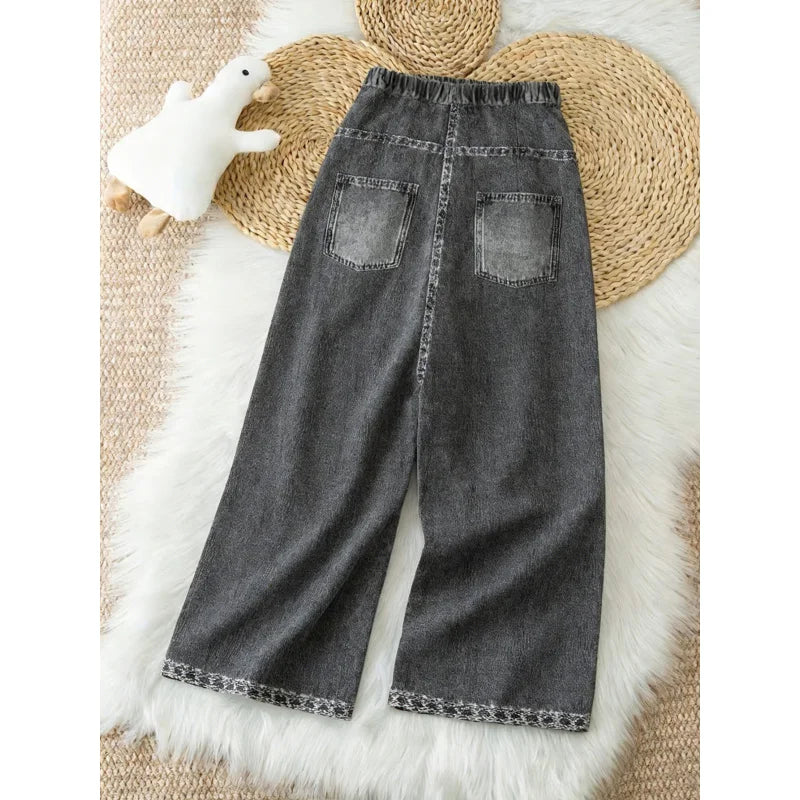 2026Children's Star Distressed Black and Gray Faux Denim Straight Pants