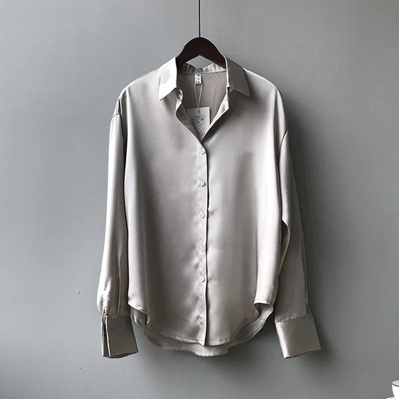 2026 Elegant Satin Loose Women Shirt Spring Turn-down Collar Ladies Blouse Autumn Vintage Casual Button Silk Tops