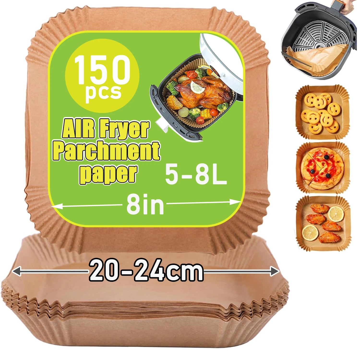Air Fryer Paper Liners 23-27cm Square Air Fryer Sheets for 7 to 12 Liters Air Fryers, Compatible with COSORI/Ninja