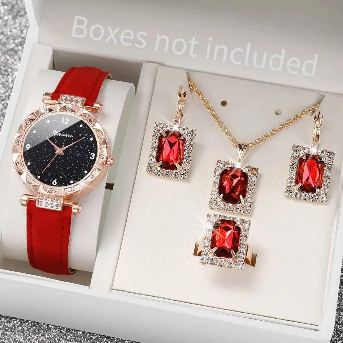 5PCS/Set Fashion Rhinestone Women's Watch Leather Strap Ladies Quartz Wristwatches Diamond Jewelry Set Reloj Mujer（Without Box）