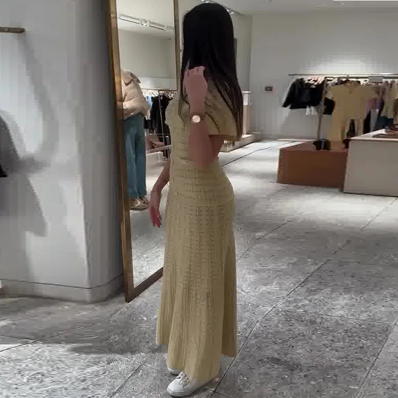 UNITIM 2026 Spring Summer Women Dress Round Neck Short Sleeve Lady Dresses Slim Mid Length Hollow Sparkling Female Dress