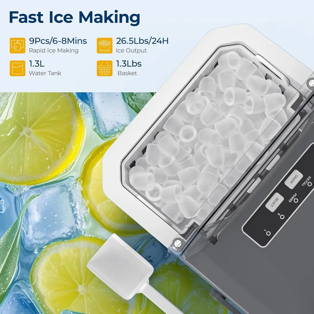 Portable Ice Maker for Home Kitchen, Party, RV Camping - Stainless Steel, Silver, 9 Cubes in 6 Mins, 26.5Lbs/24H