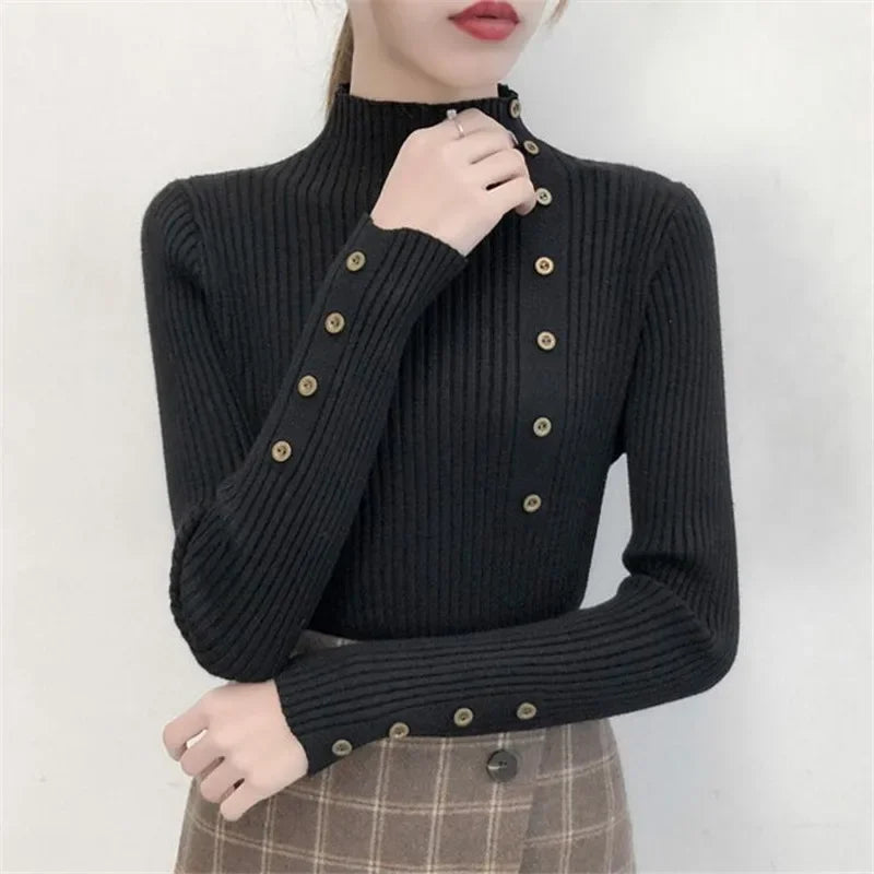 2026 Autumn Knitted Turtleneck Sweaters Women Solid Knitted Female Cotton Soft Elastic Color Slim Pullovers Button Full Sleeve