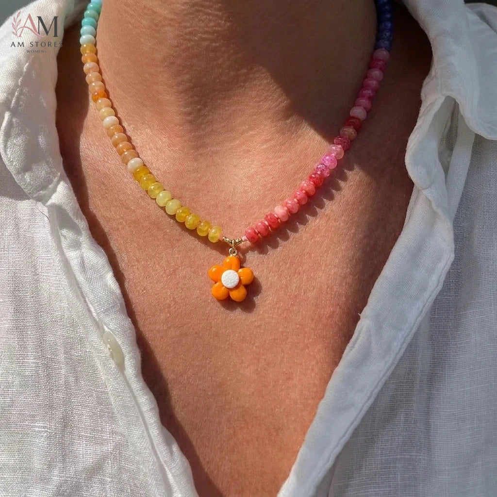 Rainbow Flower Beaded Pendant Necklace - view 6