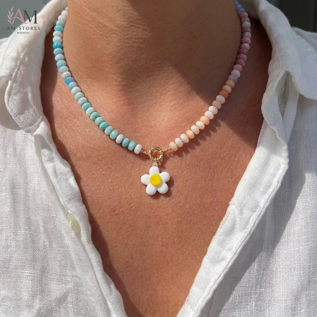 Rainbow Flower Beaded Pendant Necklace - view 5