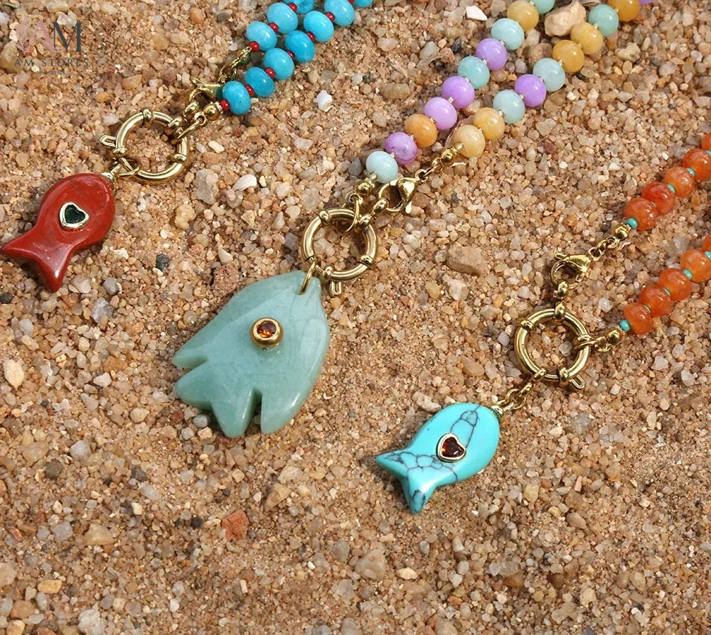 Bohemian Natural Stone Fish Pendant Beaded Necklace - view 1