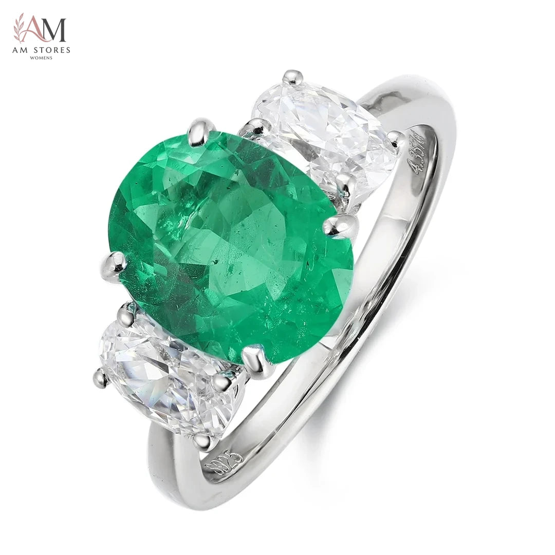 3-Stone Lab-Grown Emerald Engagement Ring in 925 Silver - view 1