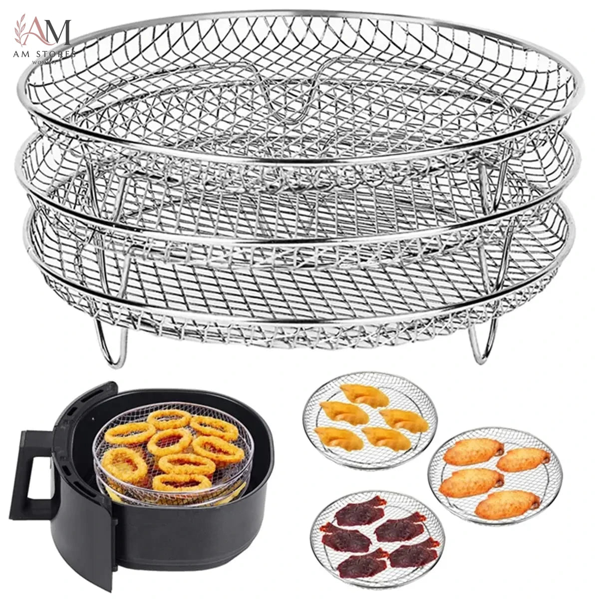 Air Fryer Rack, Set of 3, Stackable Multi-Layer Stainless Steel Dehydrator Rack, Air Fryer Accessories Oven Steamer Basket