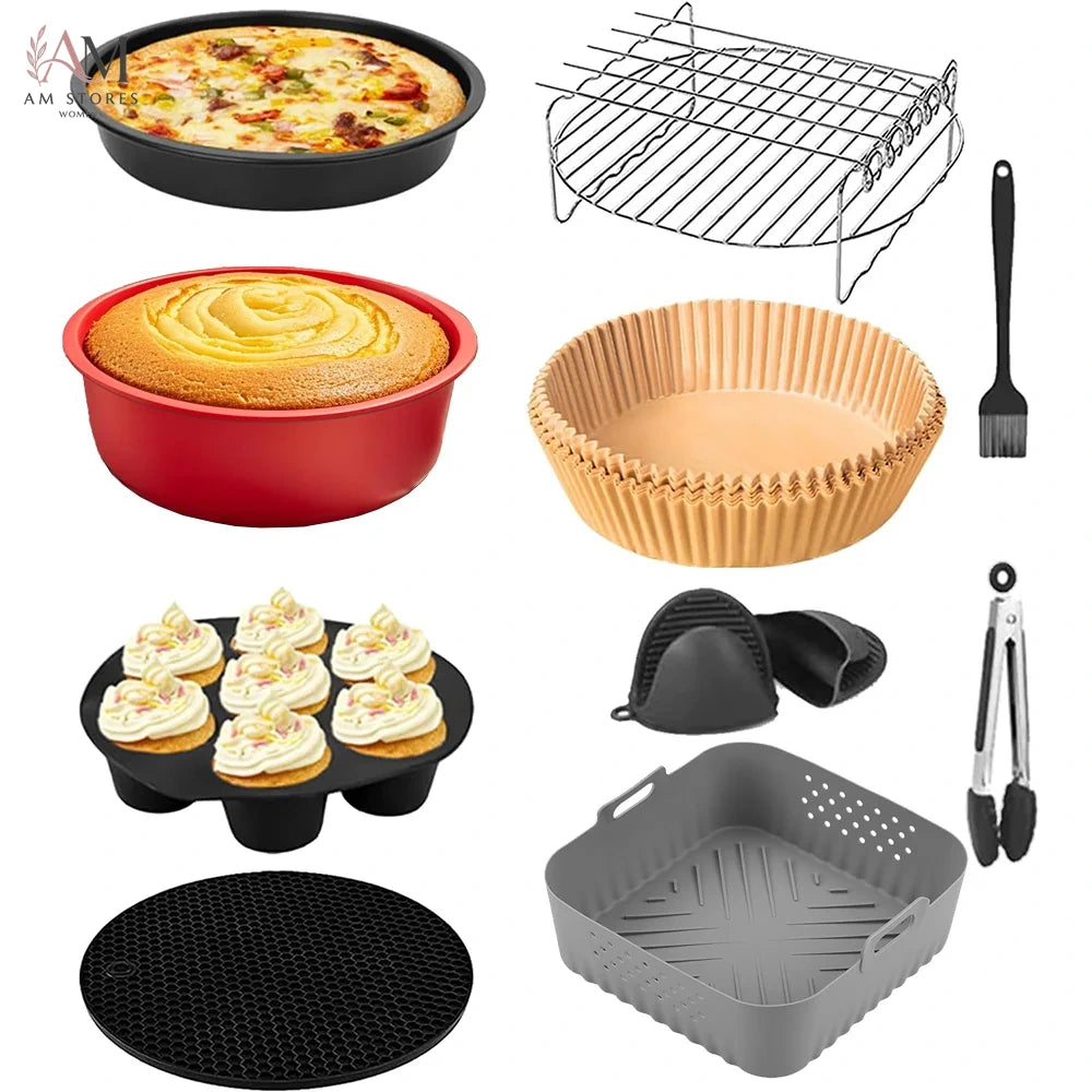 Air Fryer Silicone Mold Set Inculde 23cm Silicone Basket,Cake Mold,Air Fryer Paper for Philips,Cosori,Cecotec,Innsky 5.5-6.4L
