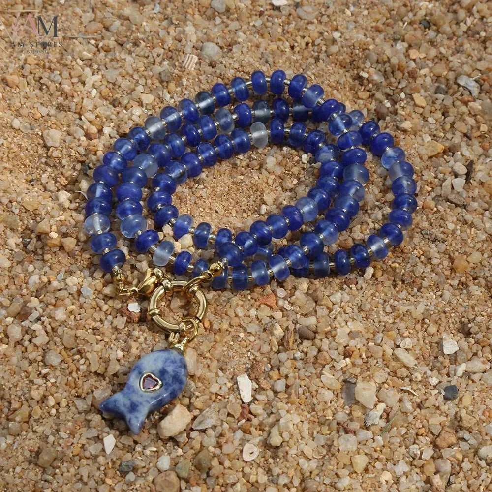 Bohemian Natural Stone Fish Pendant Beaded Necklace - view 12