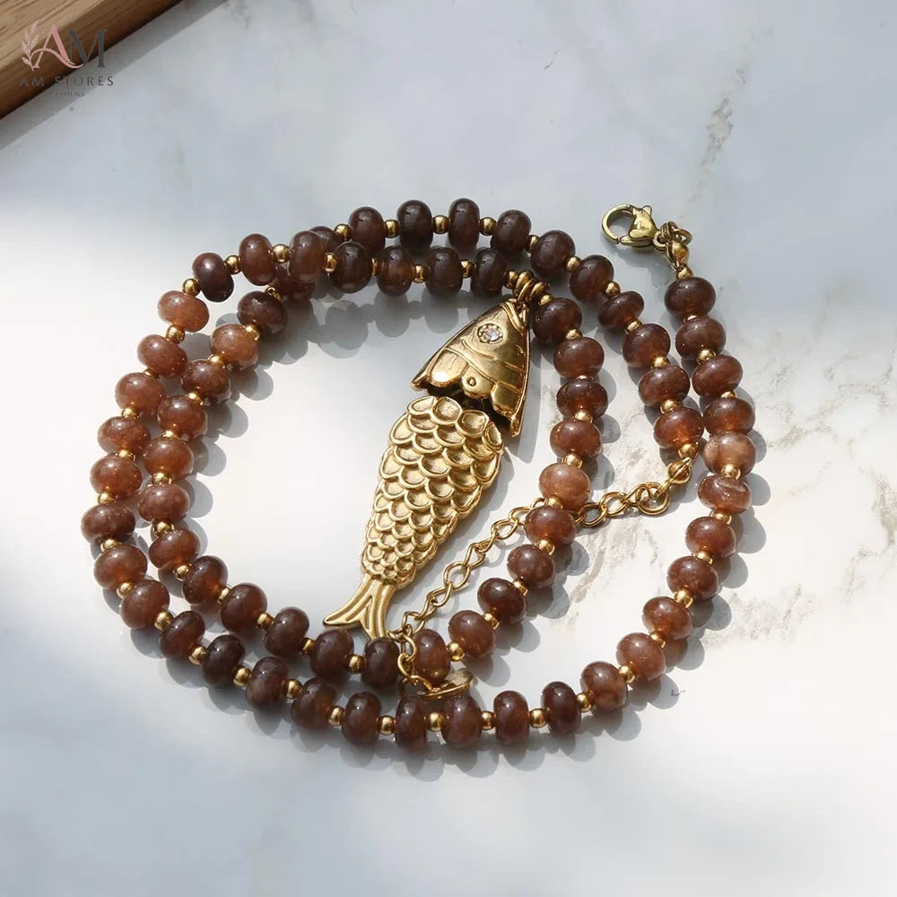 Bohemian Natural Stone Fish Pendant Necklace - view 13