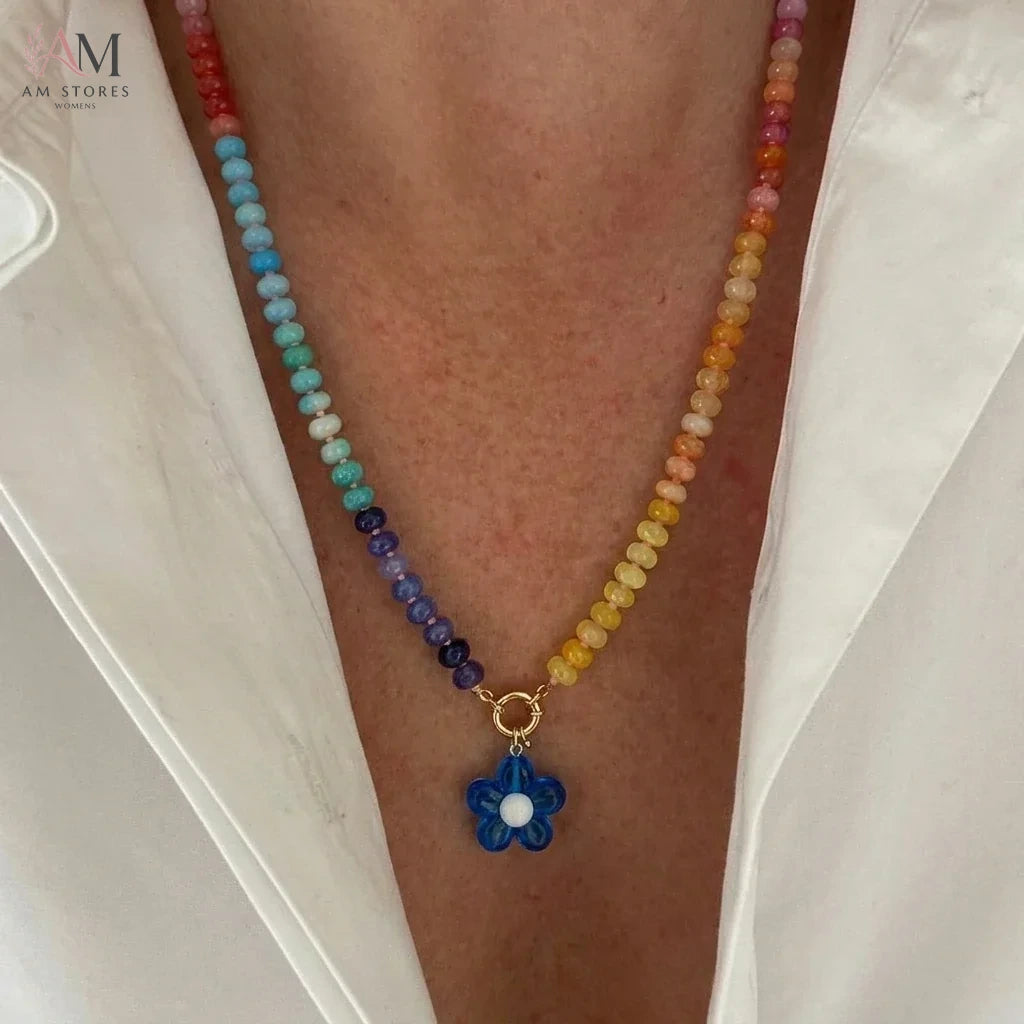 Rainbow Flower Beaded Pendant Necklace - view 3