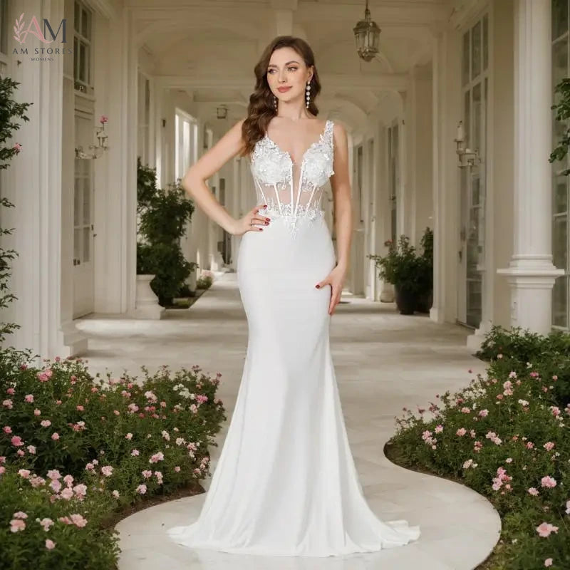 BABYONLINE Handmade Floral Lace Mermaid Wedding Dress | Plunging V-Neck w/Sheer Panels & Elegant Bridal Gown 2026 New