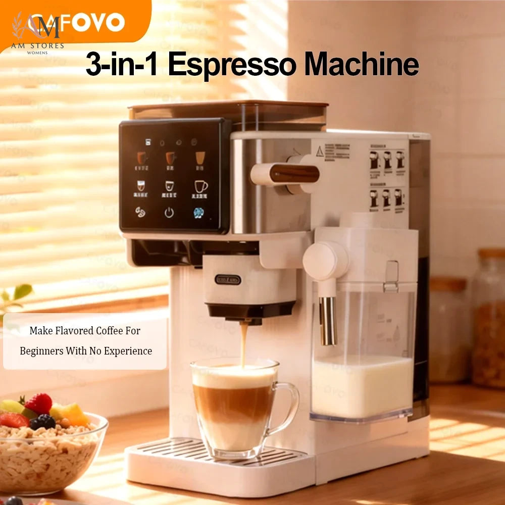 CAFOVO E151 3-in-1 Espresso Machine with Touchscreen Control and Built-in Grinder Automatic Milk Frother Cold Brew Coffee