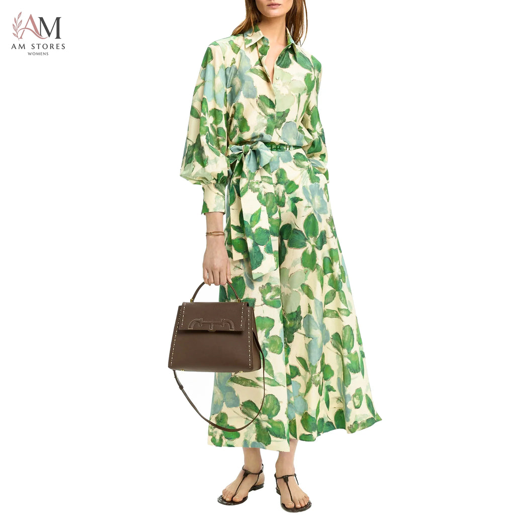 CHCH 2025 Dresses Women's New Belted Chiffon Print V-neck Chic Slim Long Dress Fashion Elegant Holiday Street Women's Dress