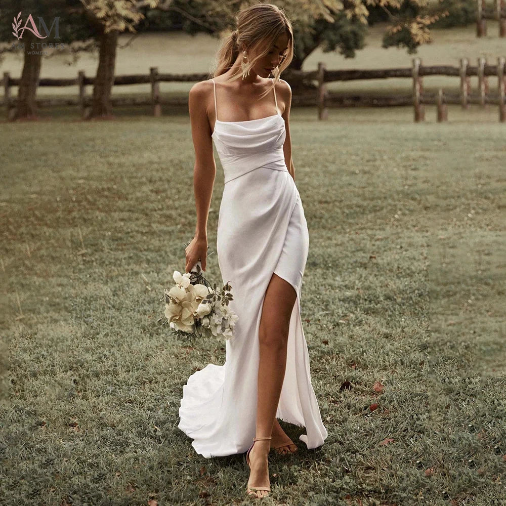 Customized Simple Mermaid White Wedding Dresses Spaghetti Straps High Slit Satin Backless Plain Bridal Gown Sweep Train Vestidos