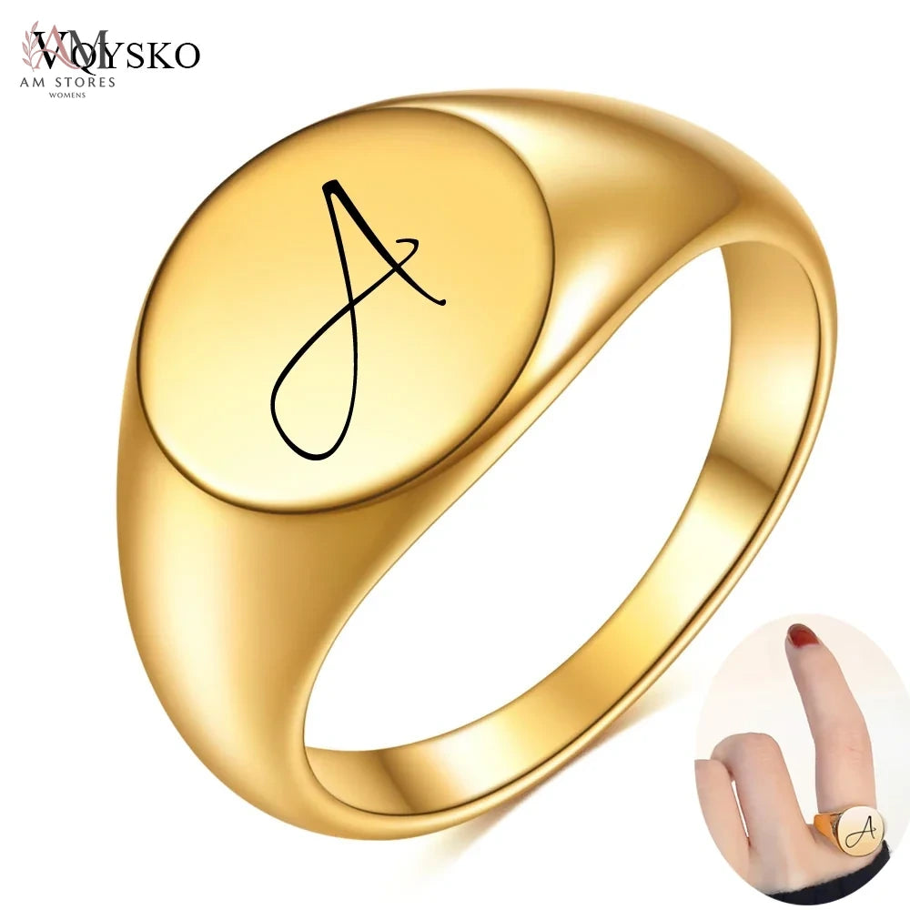 Customized Women  Initial Letter Stamp Signet Ring Chunky Round Top Stainless Steel Bague Fashion Jewelry Wholesale