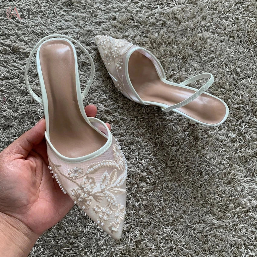 Women's Embroidered Mesh Pointed-Toe Slingback Heels - view 5