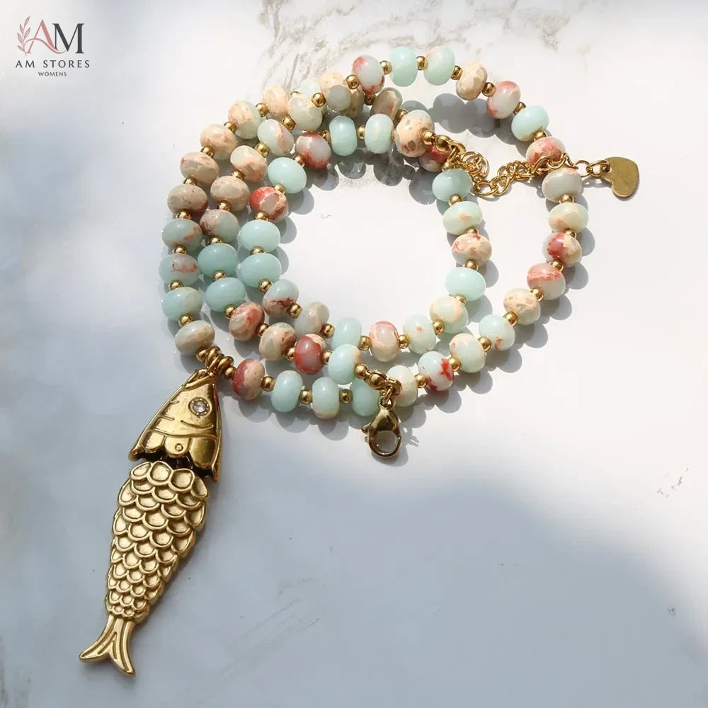 Bohemian Natural Stone Fish Pendant Necklace - view 11