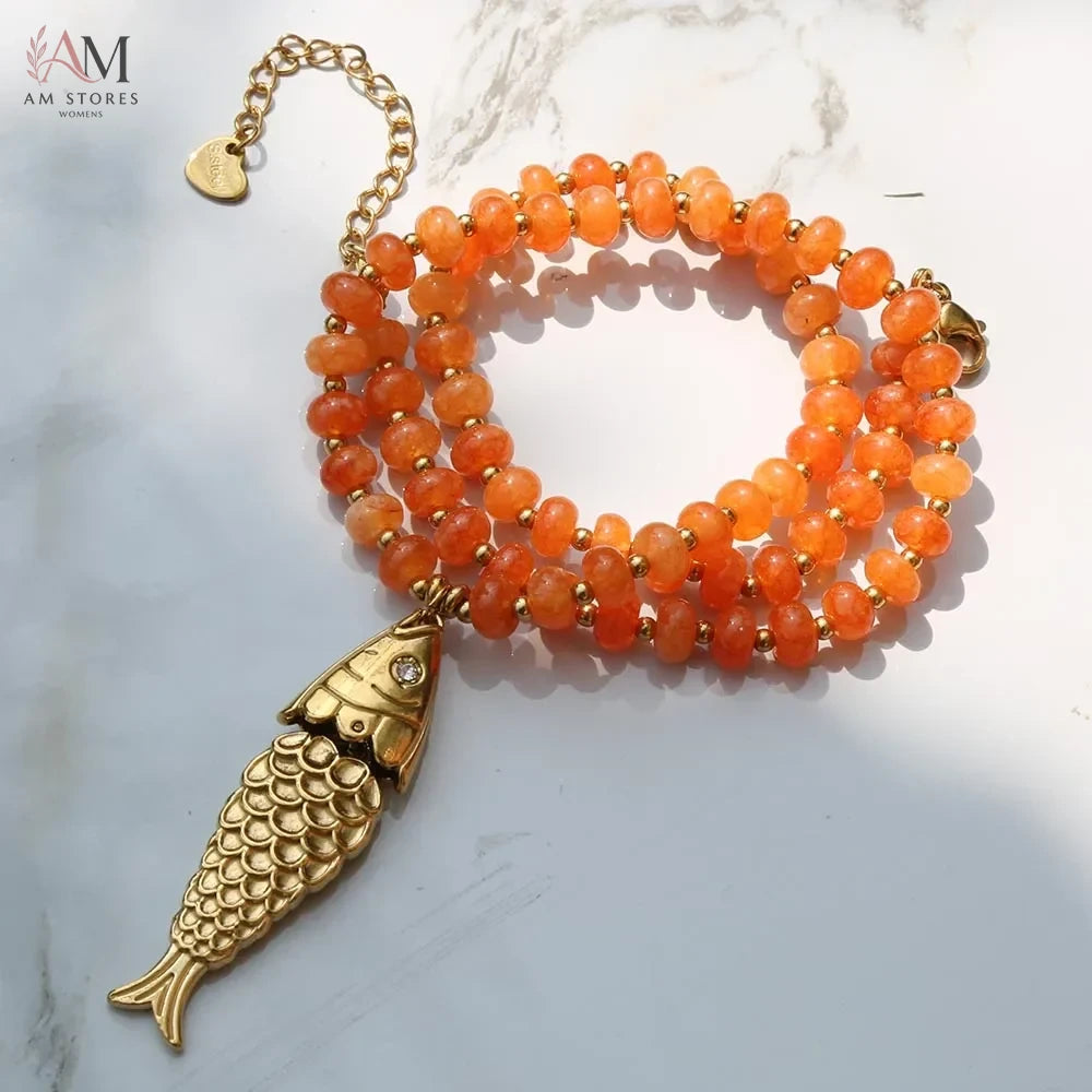 Bohemian Natural Stone Fish Pendant Necklace - view 7