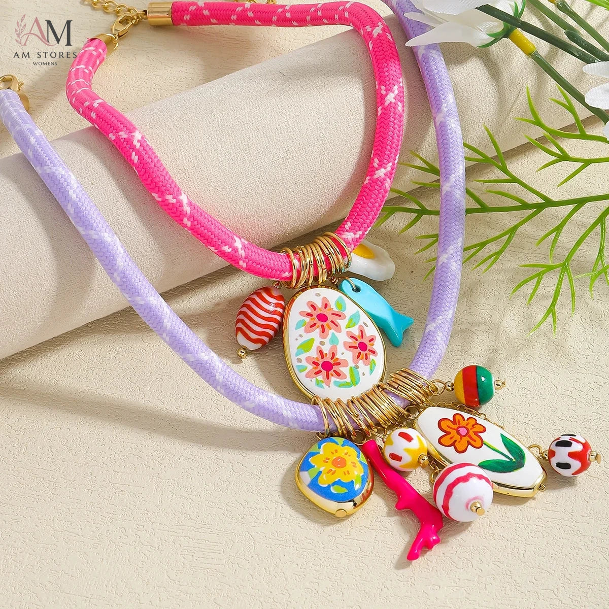 ZAA 2-Piece Ceramic Flower Cord Necklace Set - view 1