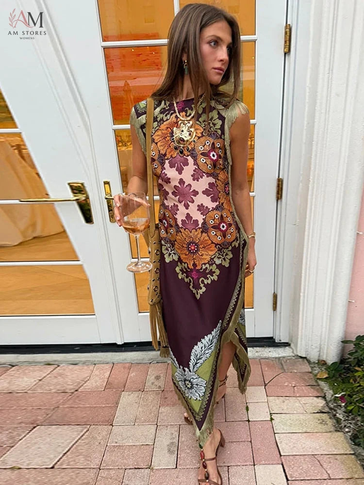 Elegant Printed Women's Tassel Dress Fringed Sleeveless Slim Irregular Party Evening Dresses 2026 Spring Summer Lady Vestidos