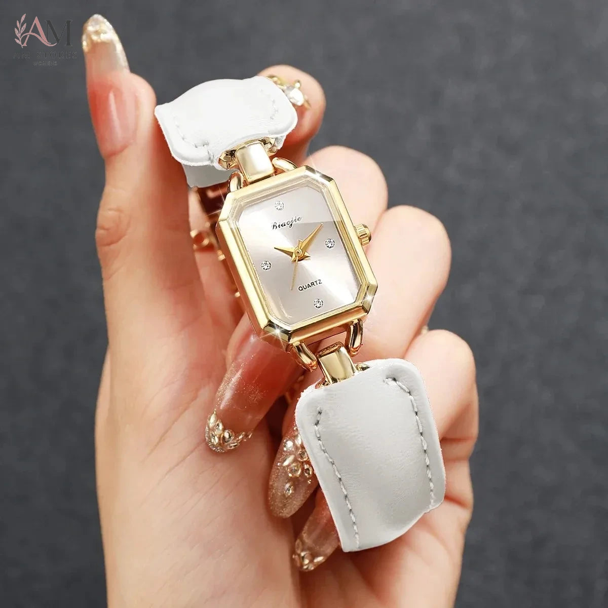 Elegant Rectangle Dial Women Quartz Watch Fashion Rhinestone Leather Strap Ladies Wristwatches Reloj Mujer Clock (Without Box)