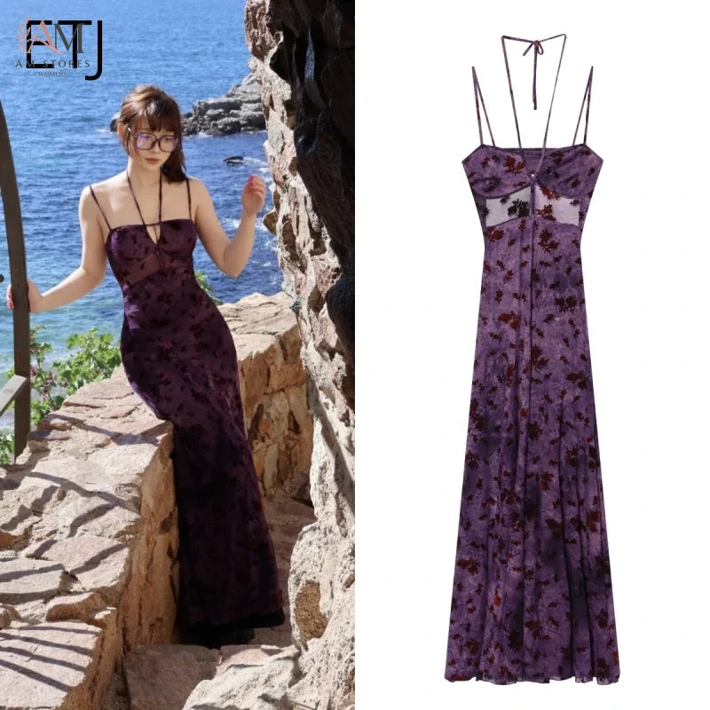 ETJ Women Purple Floral Embroidered Maxi Dress Sheer Mesh Backless Strappy V-Neck Long Summer Evening Dress 2026