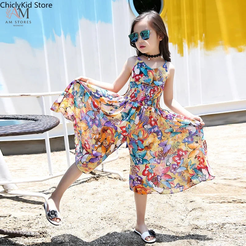 European Style Children & Young Adults Bohemian Sundress Girls Summer Floral Cool Wide Leg Pants Kids Jumpsuit Orange 6-15 Years
