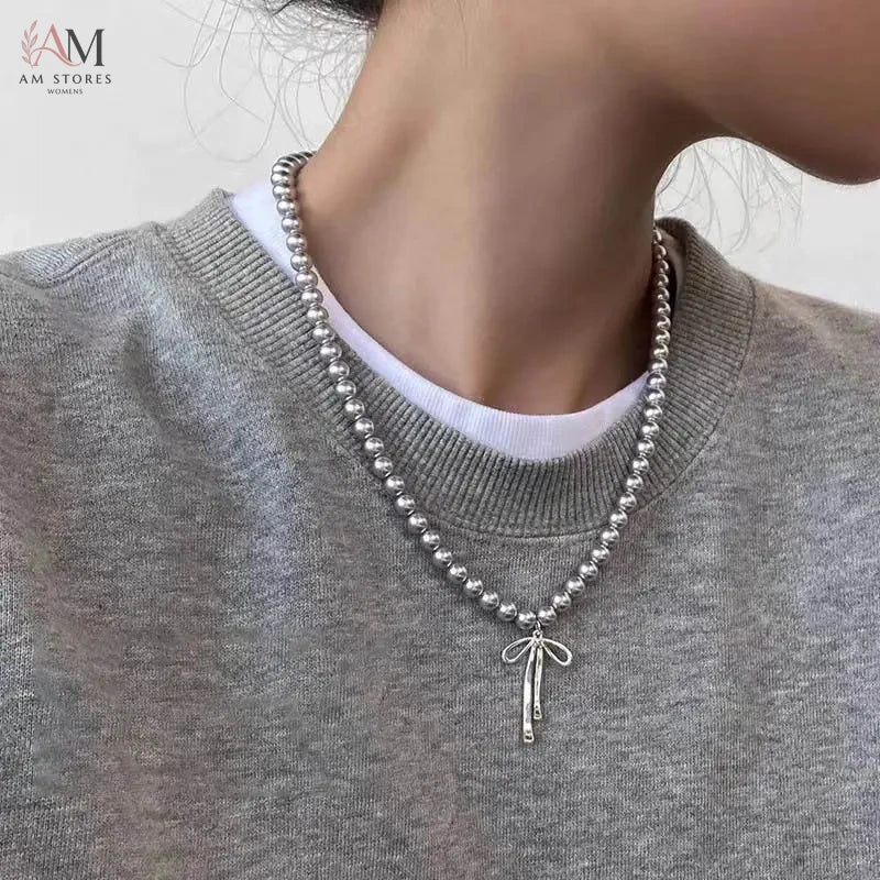 Bowknot Choker Necklace with Gray Pearls - view 1
