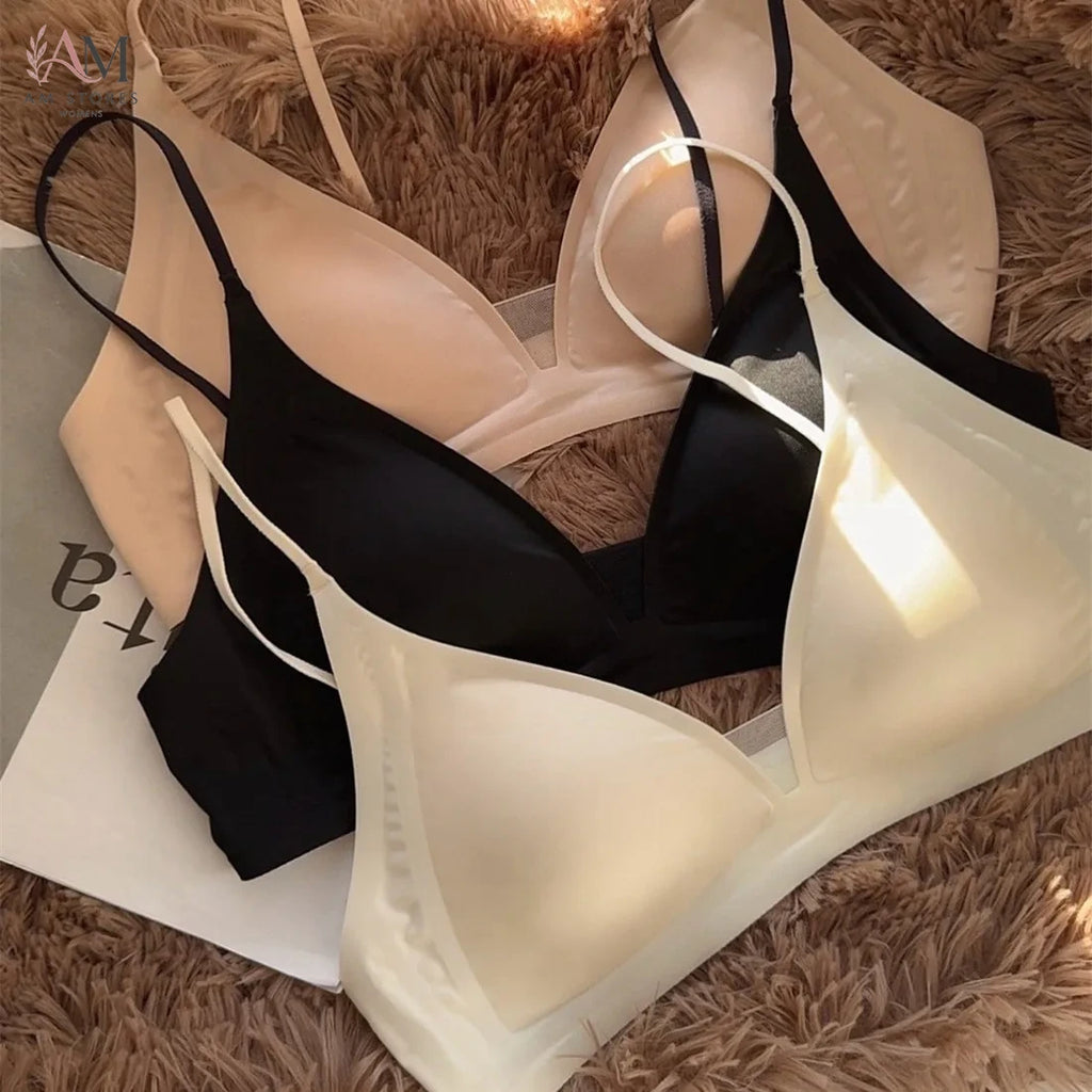 French Glossy Satin Seamless Underwear, Women's Deep V-neck, Thin Shoulder Strap, Thin Bra for Summer