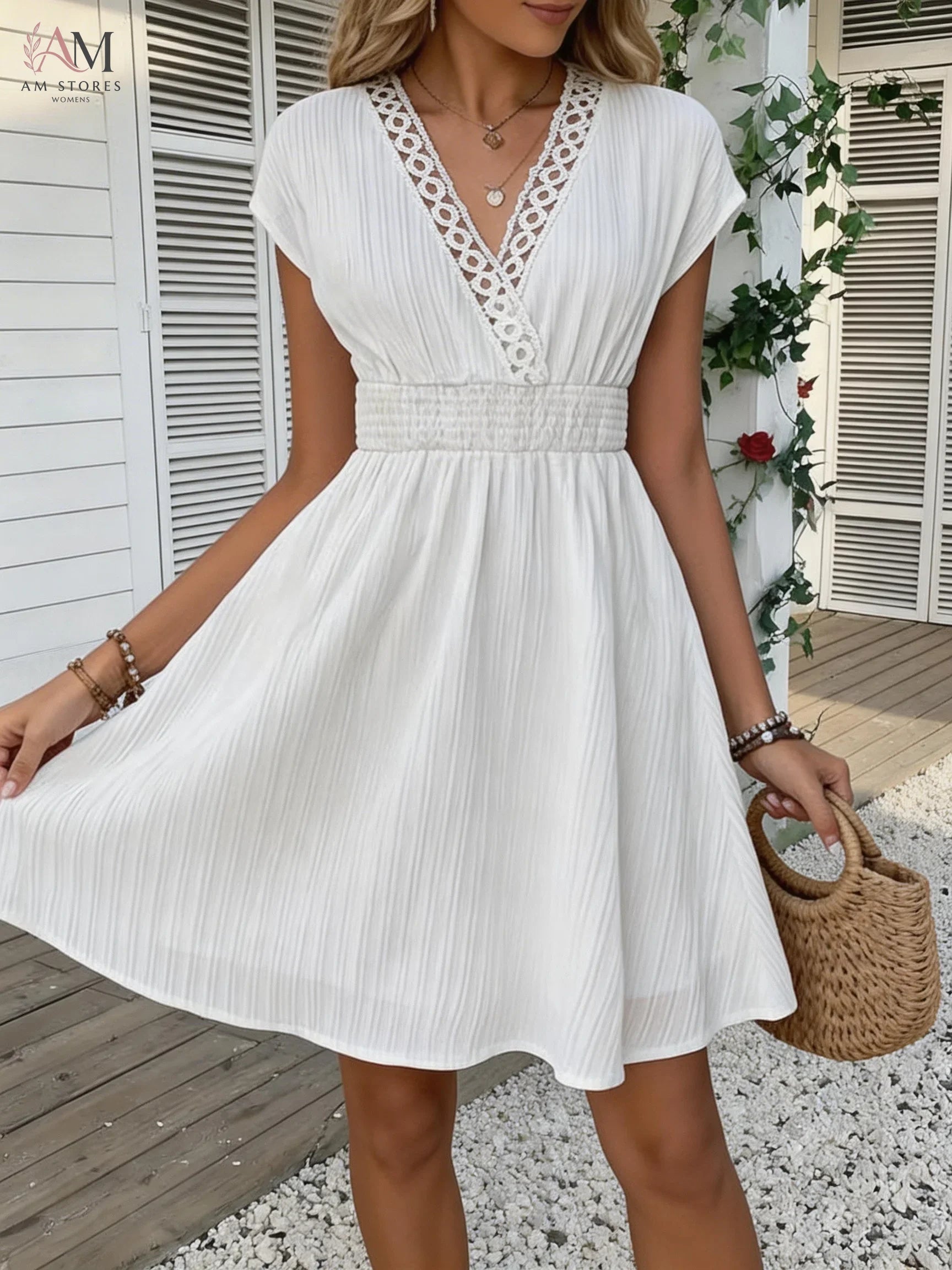 French Lace V-neck Fitted Dress with Waistline and Short Puff Sleeves. Striped Texture Short Skirt with Vertical Lines. Beach-st