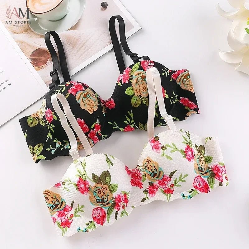 French Simple British Ice Silk Bra One Piece Thick Cup Girls Gathering No Steel Rings Women's Underwear Ropa Interior Femenina